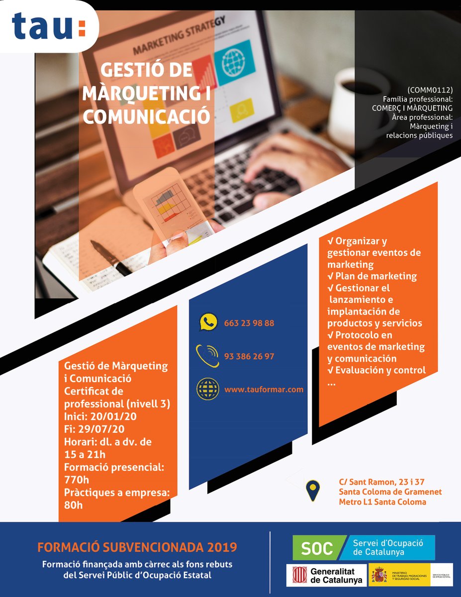 comunicaciomm's tweet photo. CURSO DE Gestión de marketing y comunicación

🔴 Precio: SUBVENCIONADO
🔴770 h. formación presencial
🔴 80 h. prácticas
🔴 Fechas: 20/1 al 20/7/20
🔴 Horario: l. a v. 15-21h

Infórmate
🔹 Web: https://t.co/Bshn8uf0y1…
📱 W: 663 23 98 88
☎️ T: 93 386 26 97 https://t.co/TzCG8QiODr
