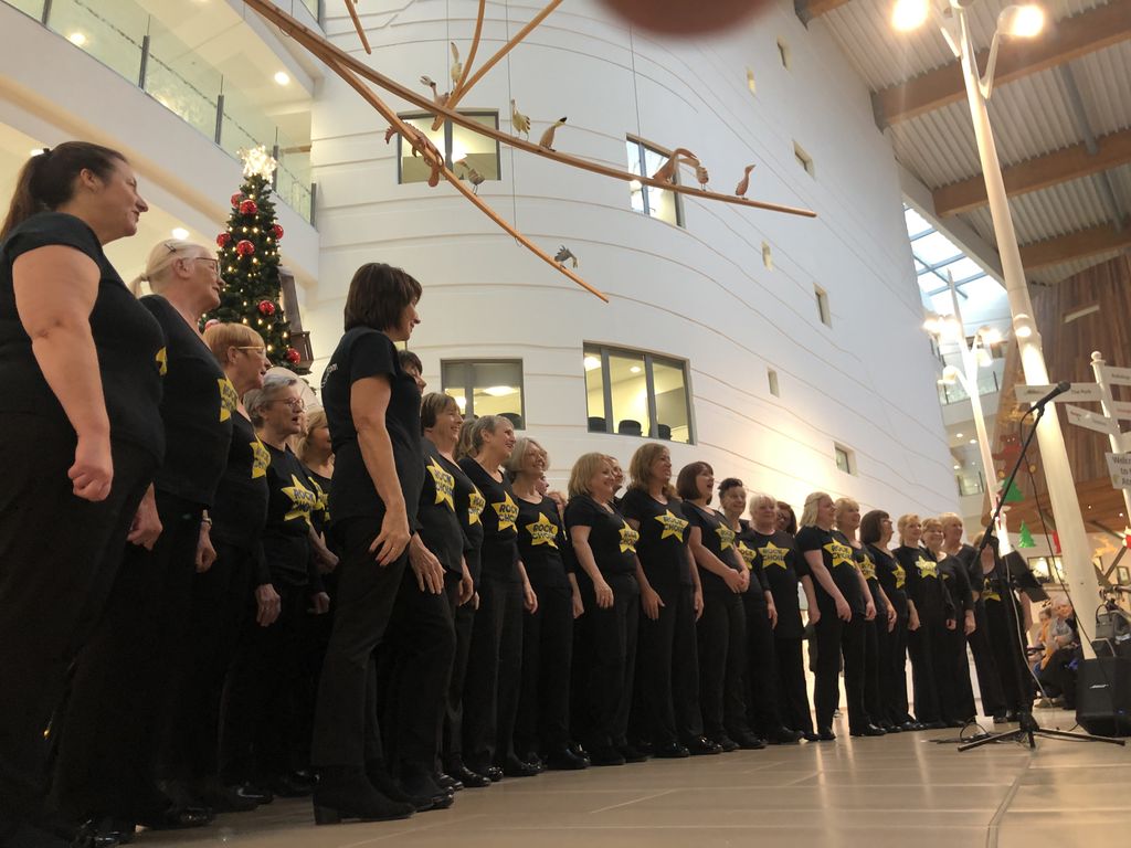 MerseyRockChoir's tweet photo. Fabulous performances by our choirs at Alder Hey today. It was so lovely to sing for their wonderful staff, patients and families. And so festive in front of the lovely tree! https://t.co/UZQH4ICazX