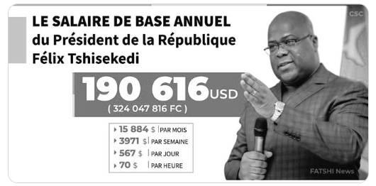 kinshasaweb's tweet photo. #Budget2020 : Le salaire de base annuel du président Félix Tshisekedi @fatshi13 @Presidence_RDC  est de
 190 616 USD (324 047 816 FC) , soit 15 884 USD par mois. #RDC @AssembleeN @senatrdc @PrimatureRDC @Presidence_RDC @pprdofficiel @FCC_RDC @IIlunkamba @infosudps @FatshiNews https://t.co/AoMcMdHpwS