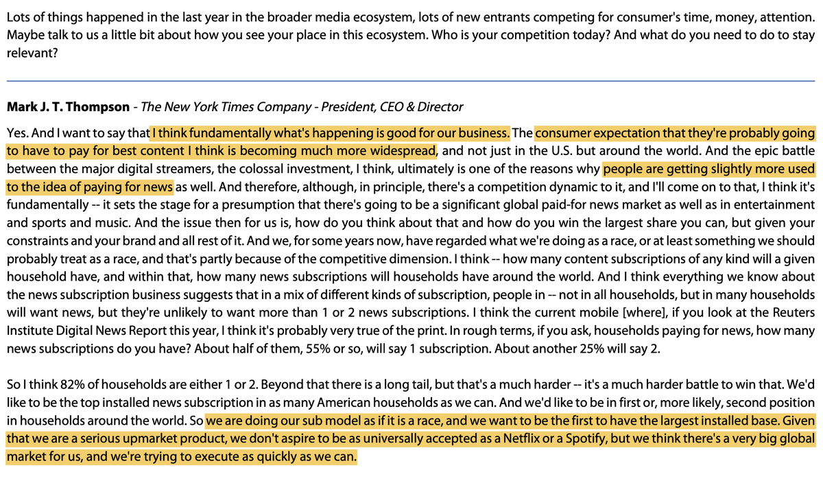 NYT CEO on "the consumer expectation that they're probably going to have to pay for best content" becoming more widespread thanks to the streaming wars
