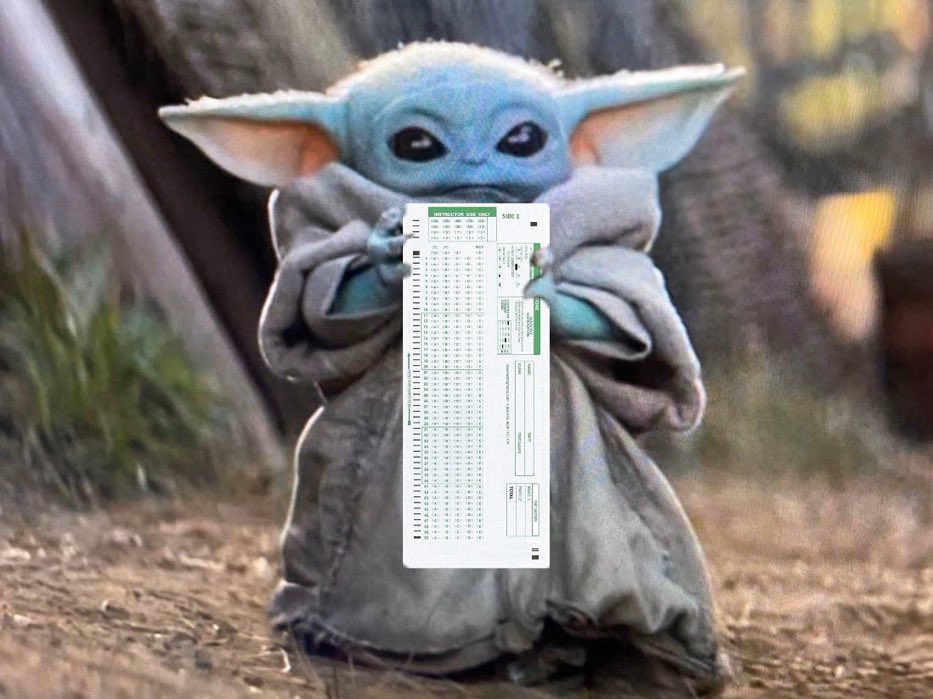 BearkatParents's tweet photo. Coming to you from a galaxy far, far away, baby Yoda holding a Scantron for good luck during finals week – Share or tag your students! https://t.co/GategiC0nt
