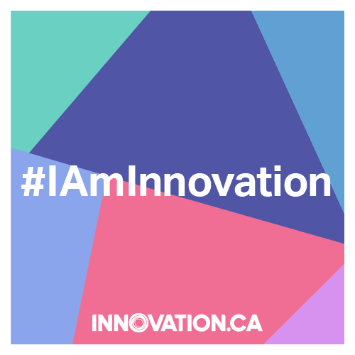 Mint green, purple, blue and bright pink mosaic with the words #IAmInnovation and innovation.ca