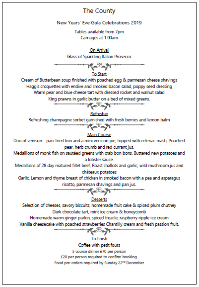 countyaycliffe's tweet photo. See in the New Year in style with our delicious #GalaDinner. Contact us on 01325 312273 to make a reservation #NewYear2020 #NYE #NewYear https://t.co/kBDDR159wg