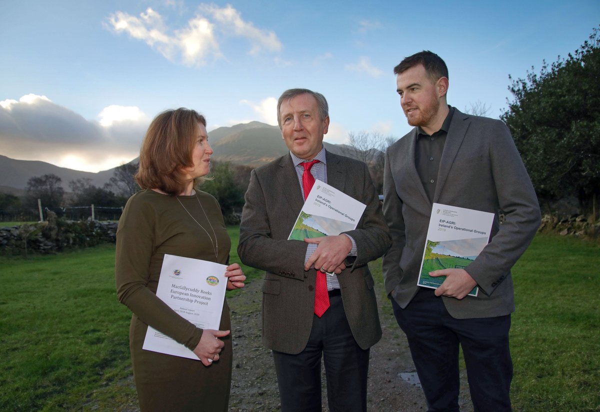 #EIPAgri - McGillycuddy Reeks EIP-AGRI Project Manager, Patricia Deane, Minister for Agriculture, Michael Creed & Dr Shane Conway, Researcher at NUIG & the NRN pictured here discussing the potential of locally led agri-environmental projects at the recent launch of this project.