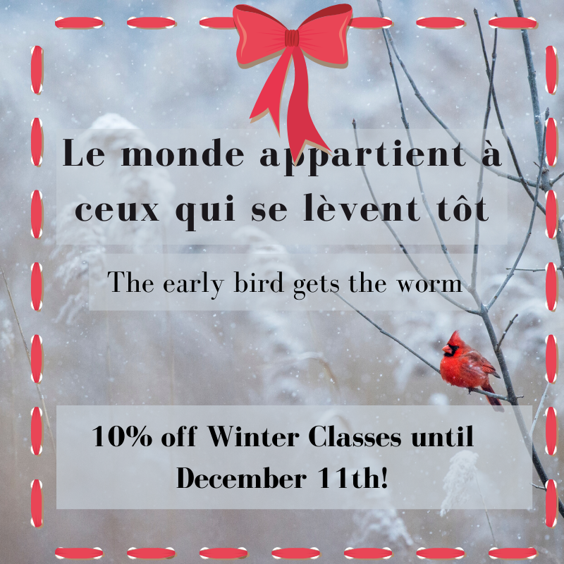 afdenver's tweet photo. EARLY BIRD PRICES! Sign up for winter classes beginning  Jan 13th, and get 10% off! Deal ends December 11th. Call the office or sign up online: https://t.co/AJFTYrbrC9

#learnfrench #denverfrench #afdenver #earlybird https://t.co/tPNU8OGQiv