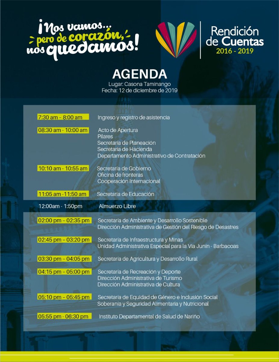 SSANSSAN4's tweet photo. Desde el Programa de SSAN extendemos la invitación a la comunidad en general, para que nos acompañen en la rendición de cuentas, el día jueves 12 de diciembre de 2019 en la Casona de Taminango, de 5:10 pm a 5:45 pm.

¡Los y las esperamos! https://t.co/6fS72B0KsJ
