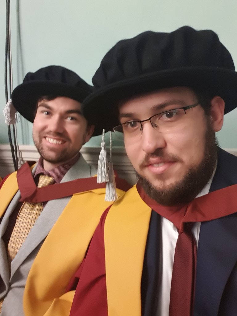 RecklessCoding's tweet photo. Finally and officially done with all formalities, as @DavidSherbet and I had our PhDs confirmed by HRH Prince Edward!
#AcademicTwitter #firstgendoctors https://t.co/NGfrBc03eb