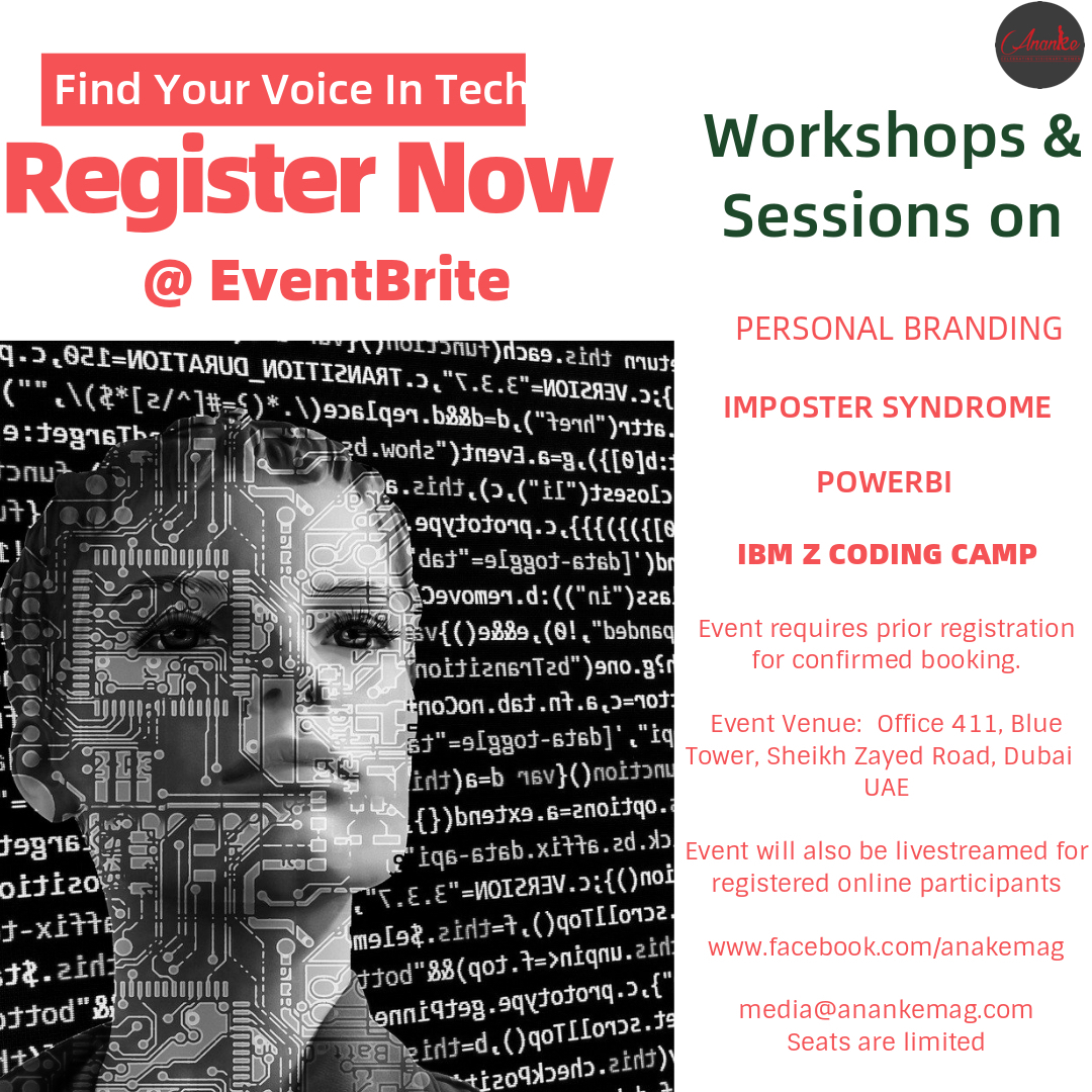 critoe's tweet photo. Join us on Dec 23rd, 2019 at @anankemag #FindYourVoiceInTech event.
Please share & spread the word!
To attend virtually https://t.co/FAn81MuXCF
To attend in person in #Dubai #UAE https://t.co/pJm9xxJgmT
@mentorafrika @IBM @ITU @Empower_Women @equals
@womenintech @WomenInTechPK https://t.co/xPPwz824bJ