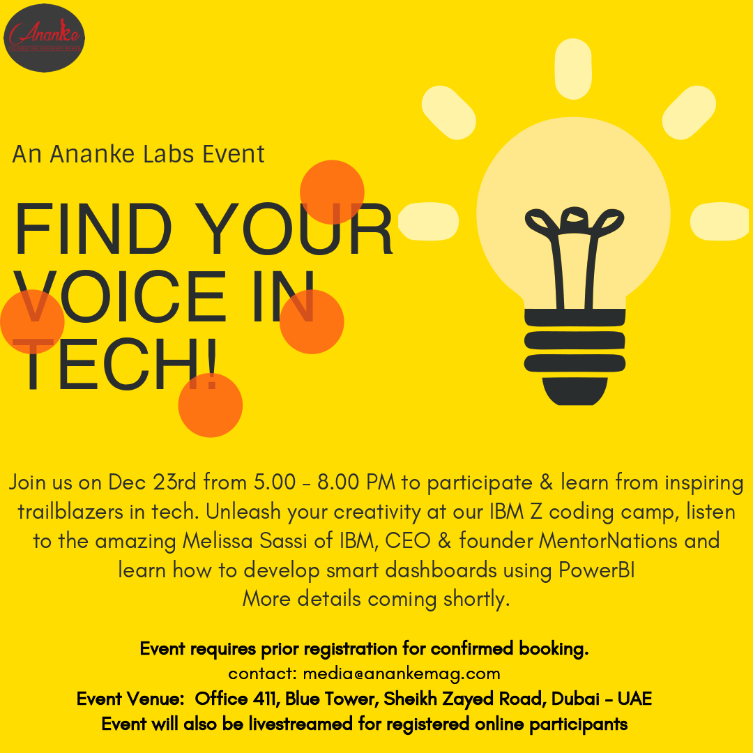 critoe's tweet photo. Join us on Dec 23rd, 2019 at @anankemag #FindYourVoiceInTech event.
Please share & spread the word!
To attend virtually https://t.co/FAn81MuXCF
To attend in person in #Dubai #UAE https://t.co/pJm9xxJgmT
@mentorafrika @IBM @ITU @Empower_Women @equals
@womenintech @WomenInTechPK https://t.co/xPPwz824bJ