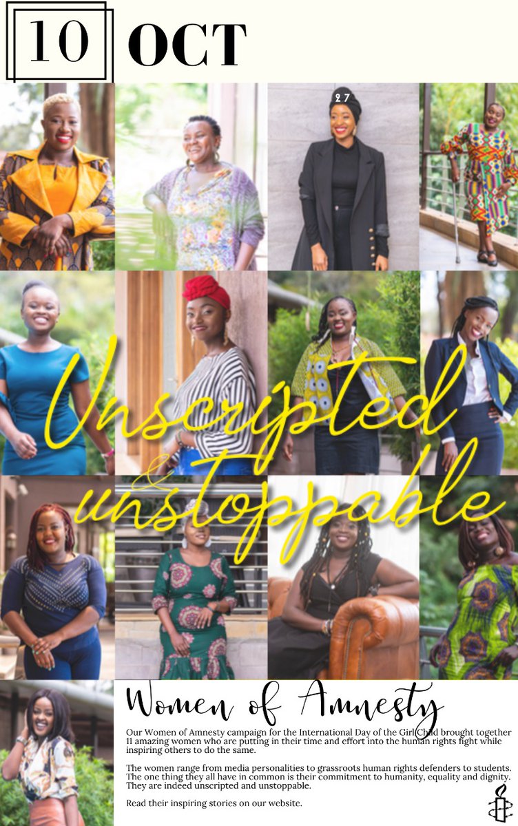 AmnestyKenya's tweet photo. October
This was a busy and exciting month!
We walked for justice on #WorldHabitatDay with a plea for recognition of the Sengwer community and then celebrated 13 extraordinary women on #InternationalDayoftheGirl who are truly unscripted & unstoppable!!
Sweet!!
#HumanRightsDay2019 https://t.co/OHI1bIC1sg