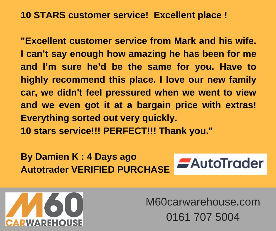 Very proud of our latest review on Autotrader.⭐⭐⭐⭐⭐⭐⭐⭐🤩 For a fantastic range of used cars and vans, visit our showroom online or in Peel Green, Eccles. Finance available and part ex welcome. 👍
bit.ly/2V75qtC
