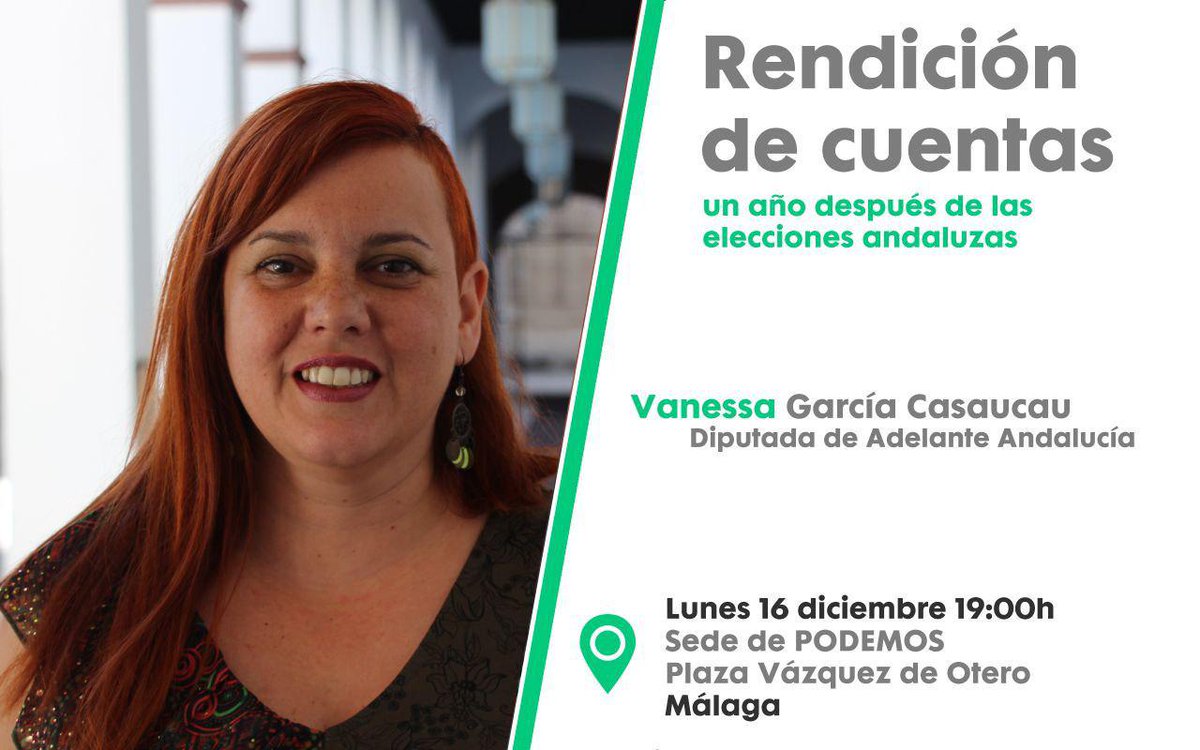 PodemosMLGP's tweet photo. 👋El próximo lunes nuestra diputada @Narguiles realizará la rendición de cuentas anual de su trabajo parlamentario dentro de @AdelanteAND

📅Lunes 16 de diciembre de 2019
🕖19:00
📍Oficina Parlamentaria de Podemos (Diego Vázquez Otero, local 3, Málaga)

#Transparencia #ConLaGente https://t.co/trhpt618cQ