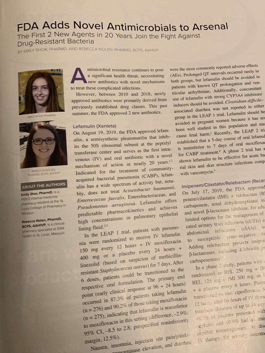 ICYMI: SIDP members <a href="/emshor214/">Emily Shor, PharmD, BCPS</a> and @RxBex38 published a review of Lefamulin and Imipenem-Relebactam in the November <a href="/Pharmacy_Times/">Pharmacy Times</a> Health Systems Edition journal #ASHP19
