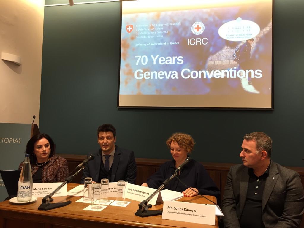 Celebrating 70 years of the Geneva conventions in Athens. Swiss Ambassador introducing a pannel discussion on the importance and the challenges of IHL. Thanks to the high-level panelists, ICRC and MFA of Greece #SwitzerlandGreece