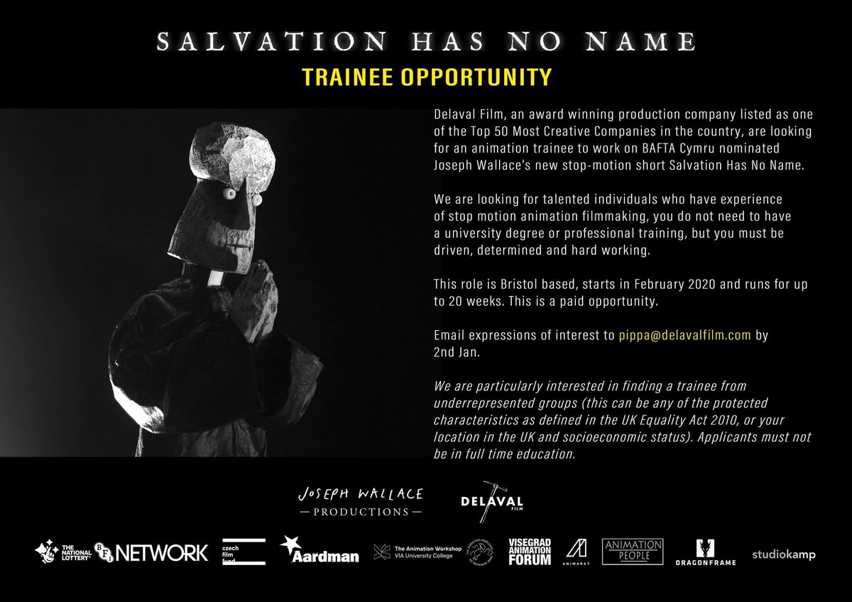 DelavalFilm's tweet image. We’re looking for a talented trainee to join us on @BAFTACymru nominated @josephwallaceuk’s new stop motion film! All the info below 👇