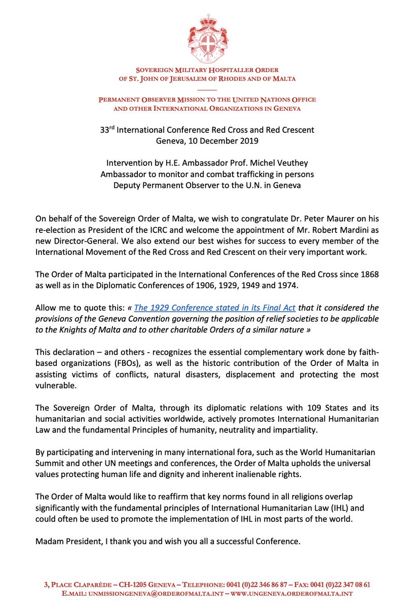 Statement of the Order of Malta on international humanitarian law and religious values for the respect of human life and dignity