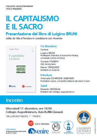 'La forza cultu­rale del #capitalismo odierno si insedia nelle coscienze fino a configurarsi come un’esperienza assoluta e onnipervasiva'.
Domani (11/12) a #Milano presentazione de 'Il capitalismo e il sacro' di <a href="/bruniluis/">Luigino Bruni</a>: vitaepensiero.it/news-eventi-il…