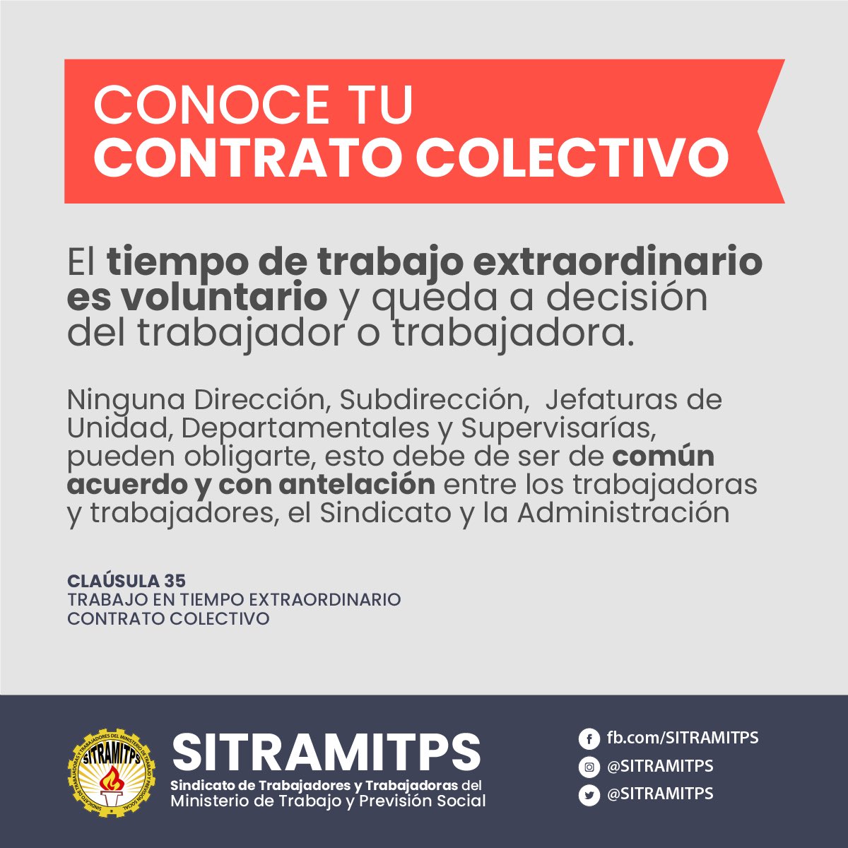 SITRAMITPS's tweet photo. #ConoceTuContratoColectivo

✅ Trabajar tiempo extraordinario es voluntario y nadie puede obligarte a hacer, ninguna jefatura.

✅ Si aceptas trabajar en tiempo extraordinario tienes derecho a ser remunerado con tiempo compensatorio por el doble del tiempo trabajado. https://t.co/mQmQbZRM0R