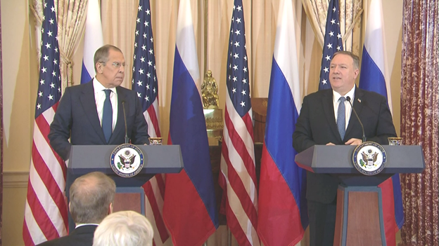 markknoller's tweet photo. At joint news conference, @SecPompeo says he again made it clear to Russian Foreign Minister Lavrov that interference in US affairs is "unacceptable," and US would act in response. Lavrov says alleged Russian interference is "baseless" and there were "no facts to support this." https://t.co/ROXCUccSAW