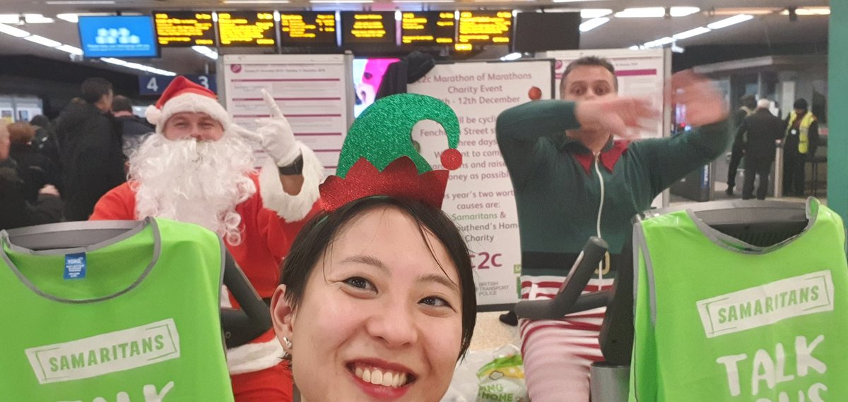 LadyTraceyC's tweet photo. Time for Santa and his Elf to peddle away @c2c_Rail @Amulet_Security raising money for charity @BTSamaritans @harpsouthend #gosanta #goelf https://t.co/MYm7p8TODH