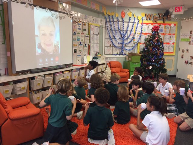 PineCrestSTEM's tweet photo. Who says you can’t host celebrity readers from across the country in California?  Grandparents reading books makes it even more special in @Alison_Strauch and @KateSadowski classroom.  Time for a holiday story! https://t.co/rqn7ZFvlol