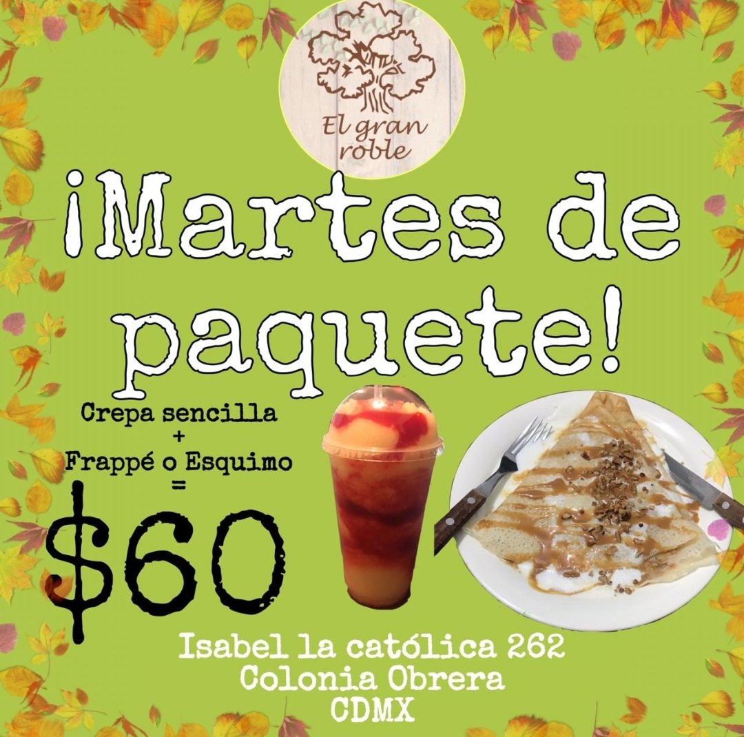 GranRobleCafe's tweet photo. Martes de paquete!!!
#Cafe #Creppas #Obrera
Isabel la Católica 262 https://t.co/HuFdZY87pF