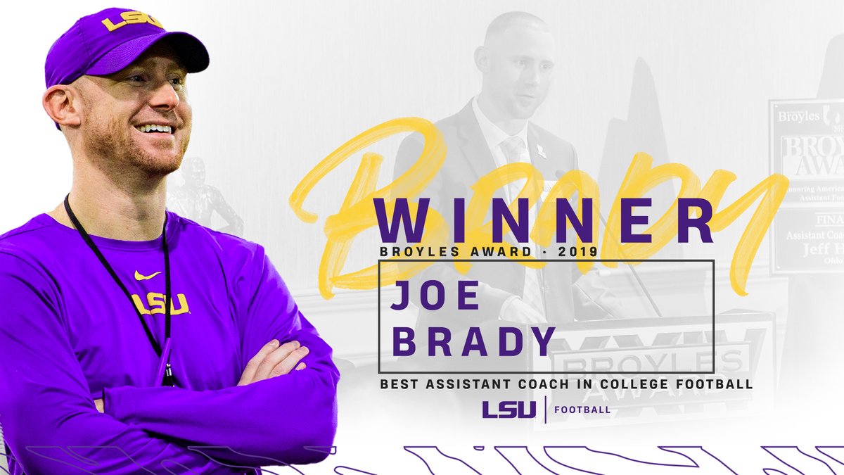 LSUfootball's tweet image. The Best Assistant in College Football

Passing Game Coordinator @CoachJoeBrady is the winner of the 2019 @BroylesAward! #GeauxTigers