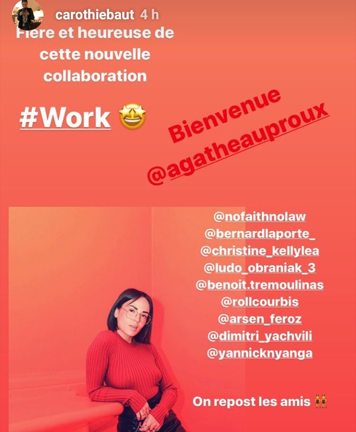 C'est le début d'une nouvelle aventure , la collaboration entre @carothiebaut et Agathe Auproux ! #Work #TeamCaro 

📸 Story Instagram carothiebaut et agatheauproux

@