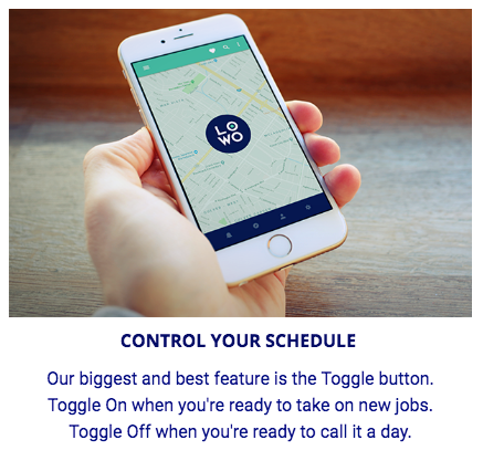 LOWOAPP's tweet photo. LOWO puts you in control.  Be sure you "Toggle ON" so you show up as available on the map!

Control when &amp; where you want to work.
Control your wages and fees directly.
+ no hidden fees, it's FREE!

Download the app and get on the map today @LOWOAPP &amp; be #ServicePros in the know https://t.co/WiaNYxqHOJ