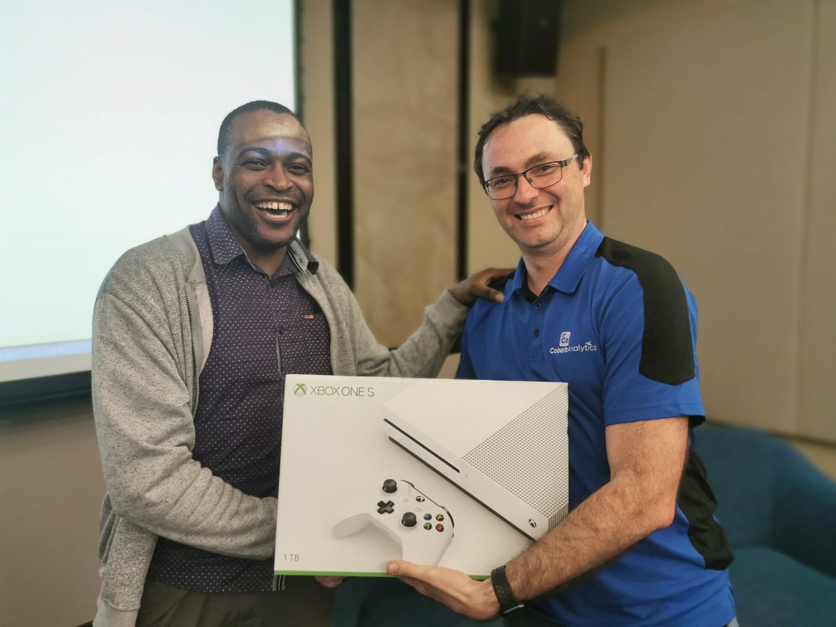 Thank you to our sponsors <a href="/CobaltAnalytics/">CobaltAnalytics</a>, @compuscan and <a href="/MicrosoftSA/">Microsoft SA</a> for our awesome prizes tonight and your continued support in the Data Communities. Congratulations to our winner of our First prize tonight hope you have many hours joy with the #XboxOne