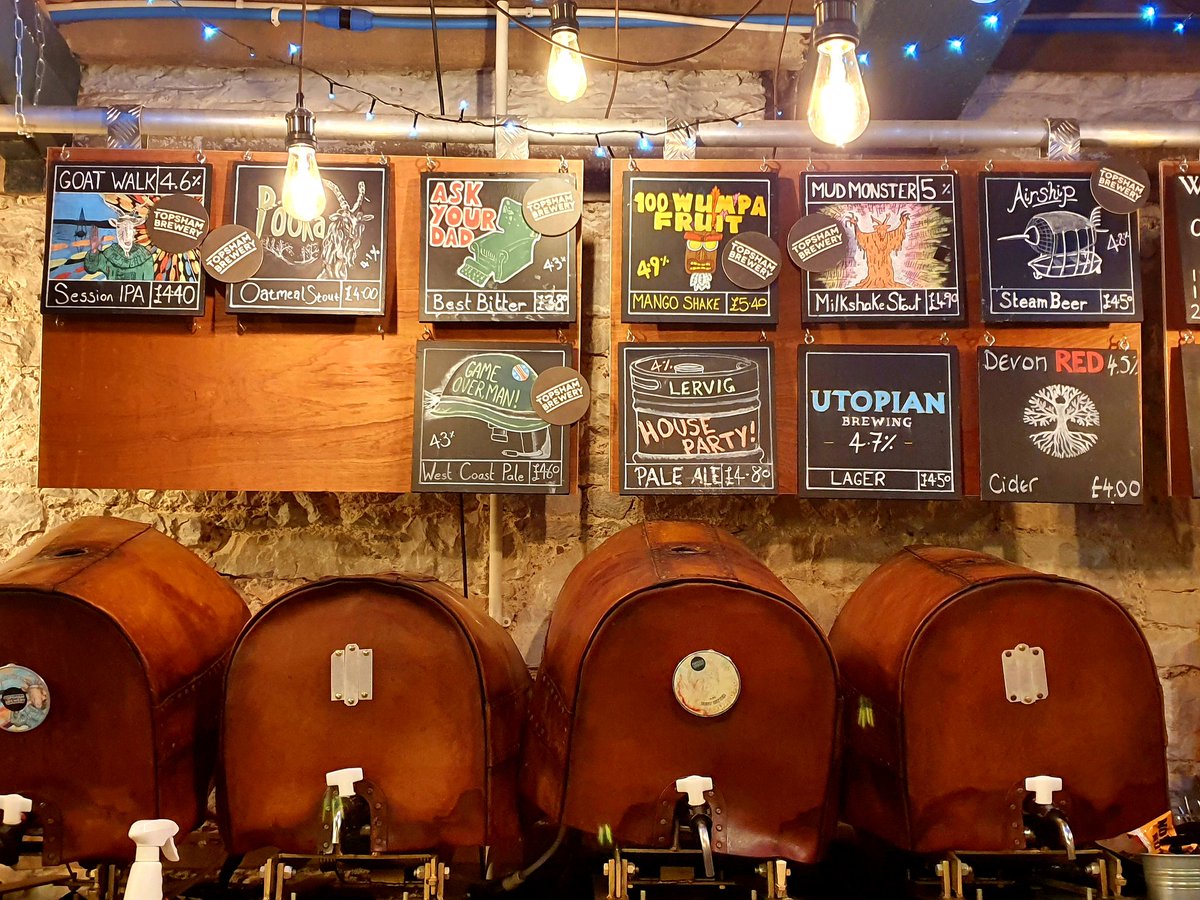 diningdevon's tweet photo. In @topshambrewery tonight with @TheLostChef_ for a few beers. I hadn't realised the Brewery made this many beers! We've tried 'Goat Walk' Session IPA, 'Pooky' Oatmeal Stout, 'Mud Monster' Milkshake Stout, 'Airship' Steam Beer. All lush! #local #craftbeer #inexeter #visitexeter https://t.co/BABs85rA8j