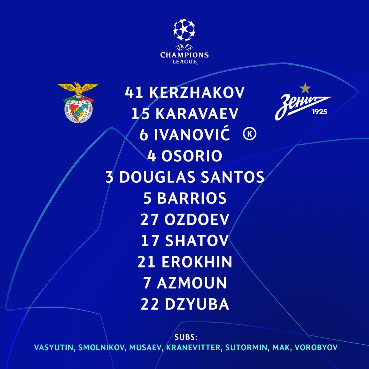 Benfica_Polska's tweet photo. Skład gości.👇
#Zenit #ZenitSLB #UCL https://t.co/nVZMCtbBWa