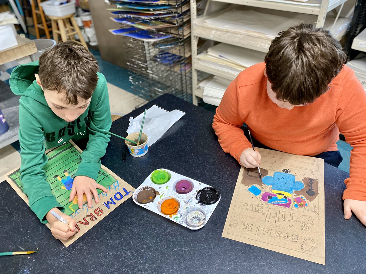 MonaLisaLvsHeah's tweet photo. Back in the saddle again ๐ถ๐๐จ Iโll spare you the song &will share these photos of Ss working on reimagined book covers instead. Tempera on chipboard developing lettering & graphic design skills. Terrific work in progress! #MursdVisualArt #artsed #arted #Miscoe #Glad2Bback https://t.co/LV93hdpTDG