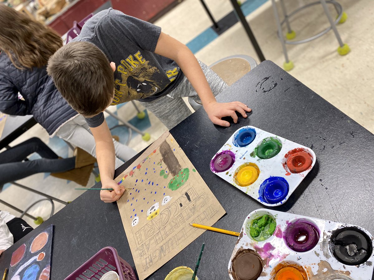 MonaLisaLvsHeah's tweet photo. Back in the saddle again ๐ถ๐๐จ Iโll spare you the song &will share these photos of Ss working on reimagined book covers instead. Tempera on chipboard developing lettering & graphic design skills. Terrific work in progress! #MursdVisualArt #artsed #arted #Miscoe #Glad2Bback https://t.co/LV93hdpTDG