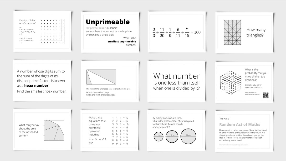 MathsEdIdeas's tweet photo. Random Acts of Maths: pocket-sized problems, teasers, curios, provocations, inspirations, jokes etc. Perfect to pop into your Christmaths crackers or Christmaths cards. 320 to choose from. For downloads: https://t.co/f3zOPcJxh4 | #maths #math #mtbos #iteachmath #xmaths https://t.co/PfPUIxDzbn