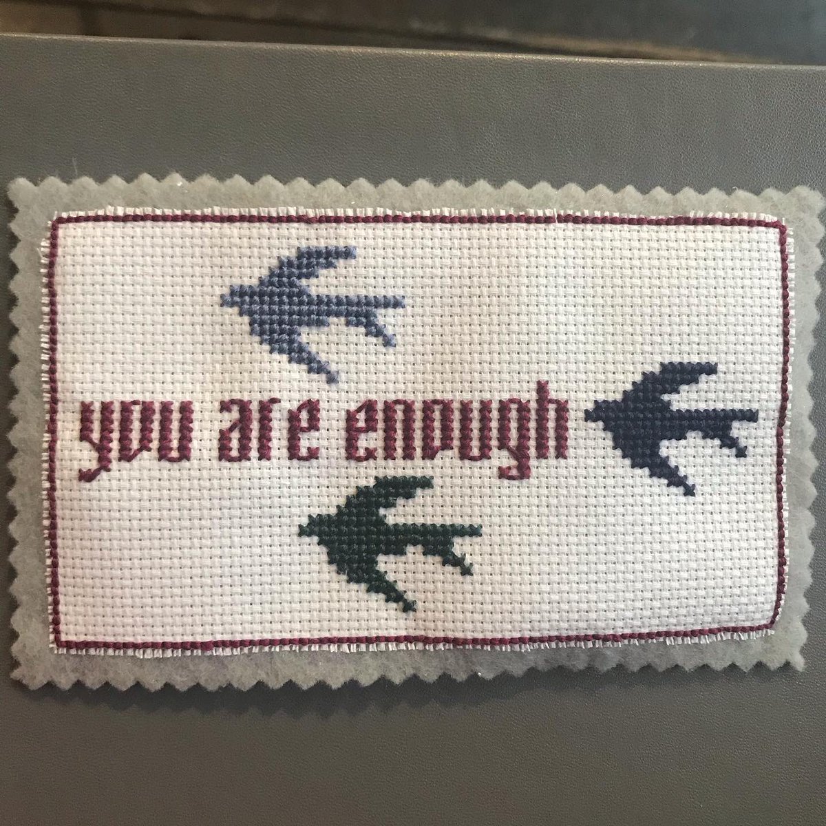 ImperfectionsN's tweet photo. You Are Enough. (Felt, cross stitch on 16-ct. Aida cloth.) @hideouttheatre #craftinpublic #crossstitch #maryoliverquotes https://t.co/gUERSnUwDr