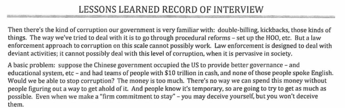 Barnett Rubin: "Suppose the Chinese government occupied the US to provide better governance-and educational system, etc-and had teams of people with $10 trillion in cash, and none of those people spoke English. Would we be able to stop corruption?" 52/n