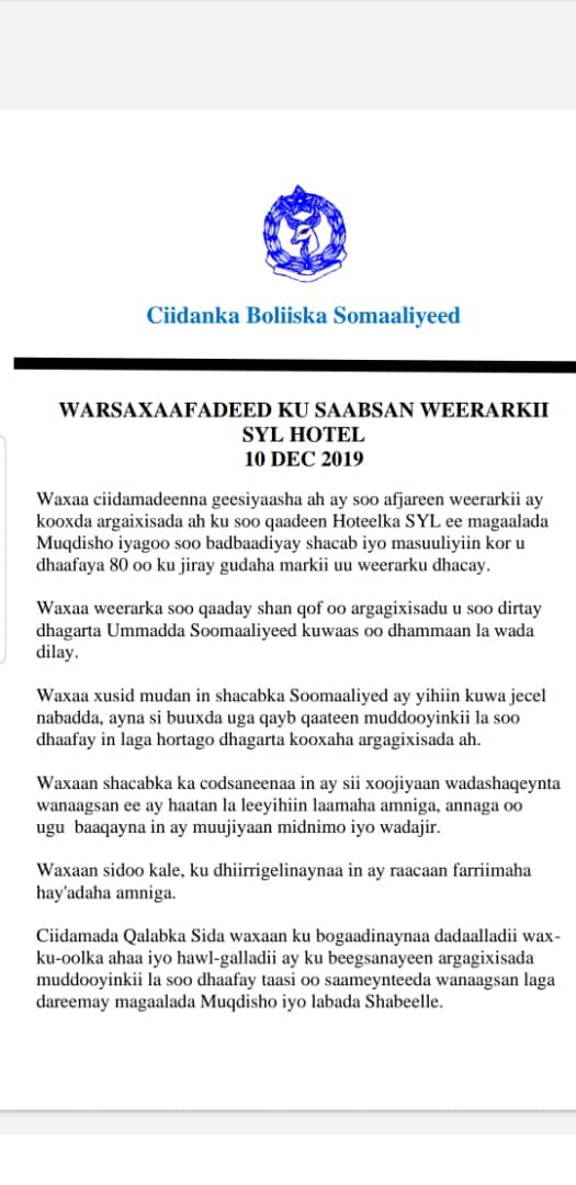 SherifAbdinur's tweet photo. #SYLHotelAttack Update: All the 5 terrorists who carried the attack have been neutralized and More than 80 lives were rescued unharmed. 11 people, including 2 officers injured. We thank the public for their cooperation in keeping #Somalia safe as we mourn our 5 martyred citizens. https://t.co/xqJoWUFusz