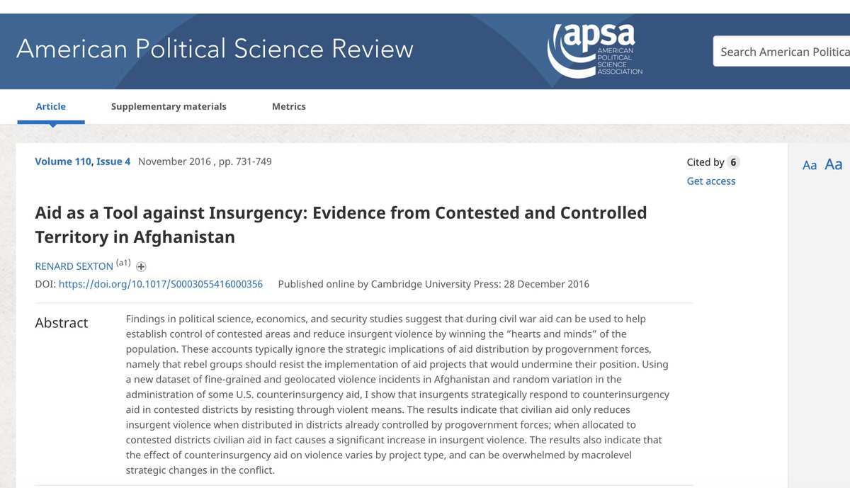 USAID official said that they rewarded bad behavior, funded the violent regions but not those that were peaceful. The ideas that local aid increased violence in Afghanistan has support in the literature. Especially true for large projects. 77/n  https://www.washingtonpost.com/graphics/2019/investigations/afghanistan-papers/documents-database/?document=background_ll_07_xx_dc_11182016