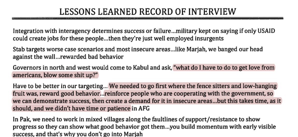 USAID official said that they rewarded bad behavior, funded the violent regions but not those that were peaceful. The ideas that local aid increased violence in Afghanistan has support in the literature. Especially true for large projects. 77/n  https://www.washingtonpost.com/graphics/2019/investigations/afghanistan-papers/documents-database/?document=background_ll_07_xx_dc_11182016