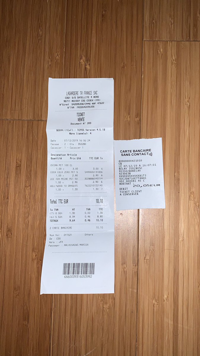 MMalassagne's tweet photo. Vous trouvez ça normal @LTRFRANCE que dans une de vos boutiques à CDG @ParisAeroport on arnaque les passagers ? Une facture annoncée 10,10€ (prix sur le ticket) et débitée à 20,05€ en CB ! Photos des tickets à l’appui ! 
La bonne surprise en regardant son compte bancaire 🤨 https://t.co/OZaoRRJ8ul