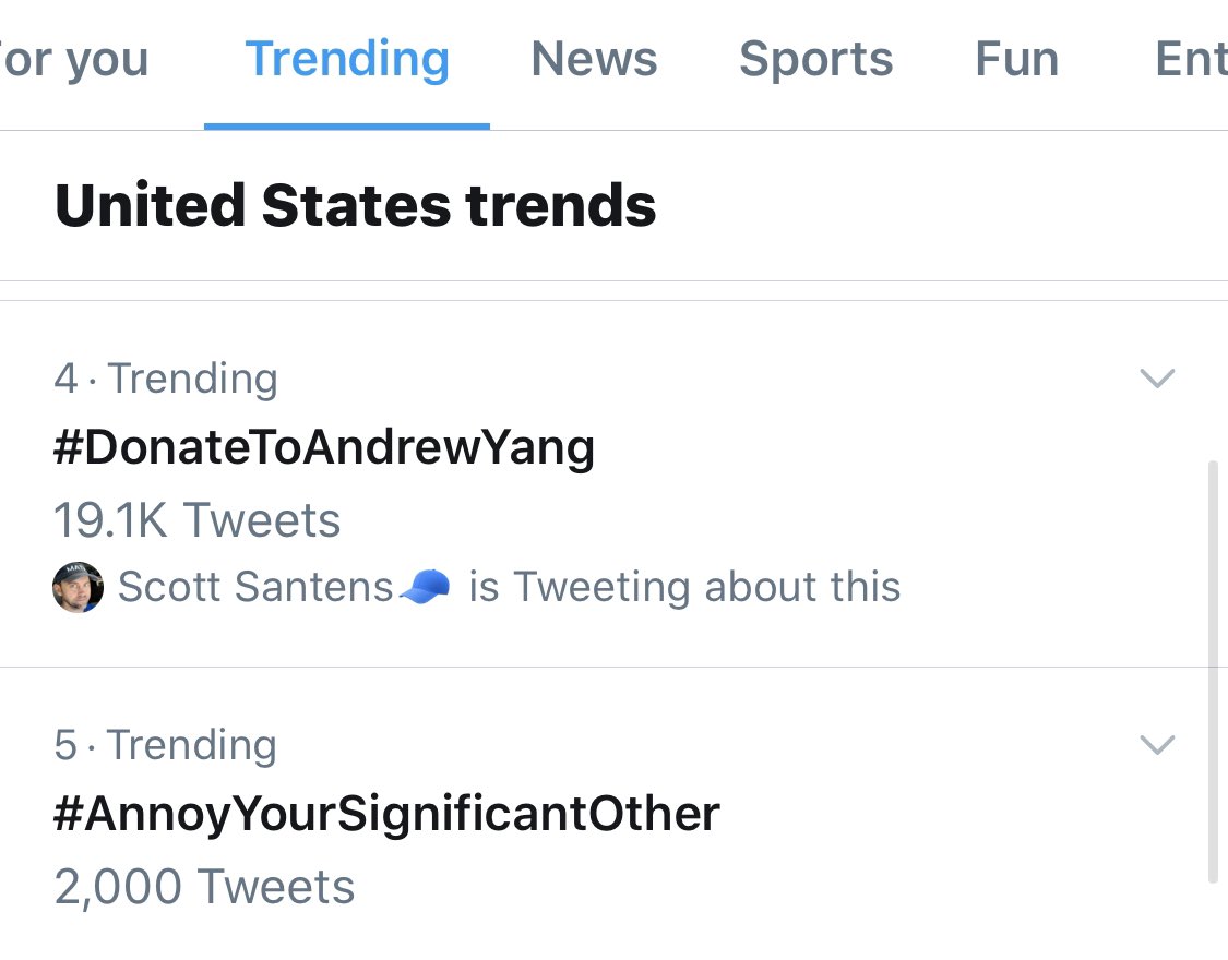 adamcooks's tweet image. Hey, #DonateToAndrewYang is currently the Number 4 trend in the US! #YangGang killin’ it as usual 💪