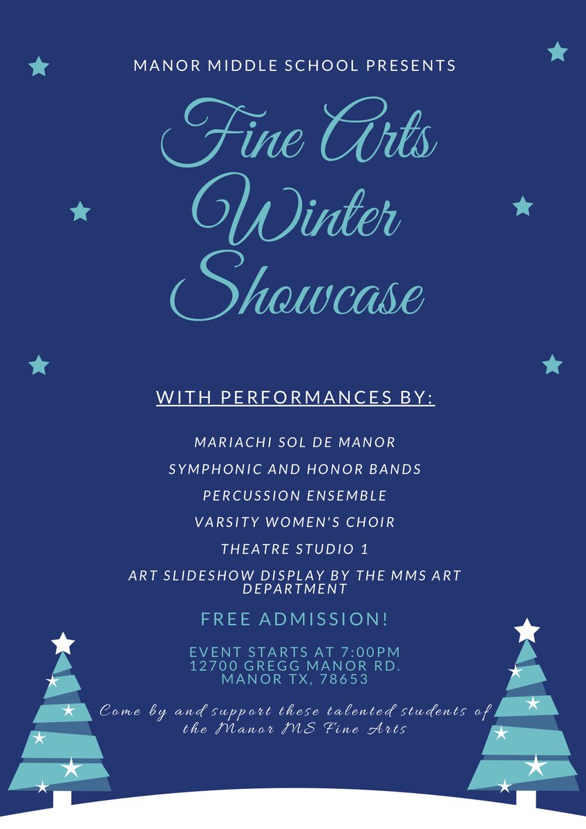 Manor Middle School (@manormiddle) on Twitter photo Join us on December 18th at 7pm for our Fine Arts Winter Showcase! Come see performances from <a href="/ManorMiddleBand/">Manor Middle Bands</a> , <a href="/SolManor/">Mariachi Sol Del Manor</a> , <a href="/SingManorMiddle/">Manor Middle Choir</a> and other groups! Join us on December 18th at 7pm for our Fine Arts Winter Showcase! Come see performances from <a href="/ManorMiddleBand/">Manor Middle Bands</a> , <a href="/SolManor/">Mariachi Sol Del Manor</a> , <a href="/SingManorMiddle/">Manor Middle Choir</a> and other groups!