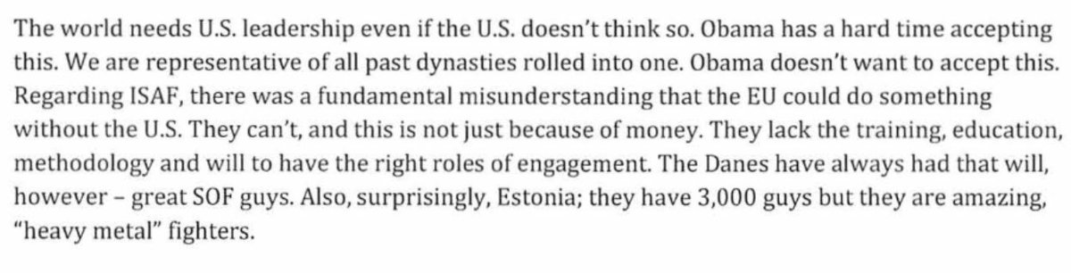 This State Department official really does not like Obama. Goes on to say that the president didn't understand that the world needs US leadership. "We are representatives of all past dynasties rolled into one." 83/n  https://www.washingtonpost.com/graphics/2019/investigations/afghanistan-papers/documents-database/?document=background_ll_01_xx_arlington_10082014