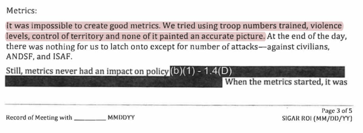 Senior NSC official says that it was impossible to create good metrics, and the metrics never influenced policy anyway. Officials would present bad statistics when things started so that they could then claim that things got better. 85/n