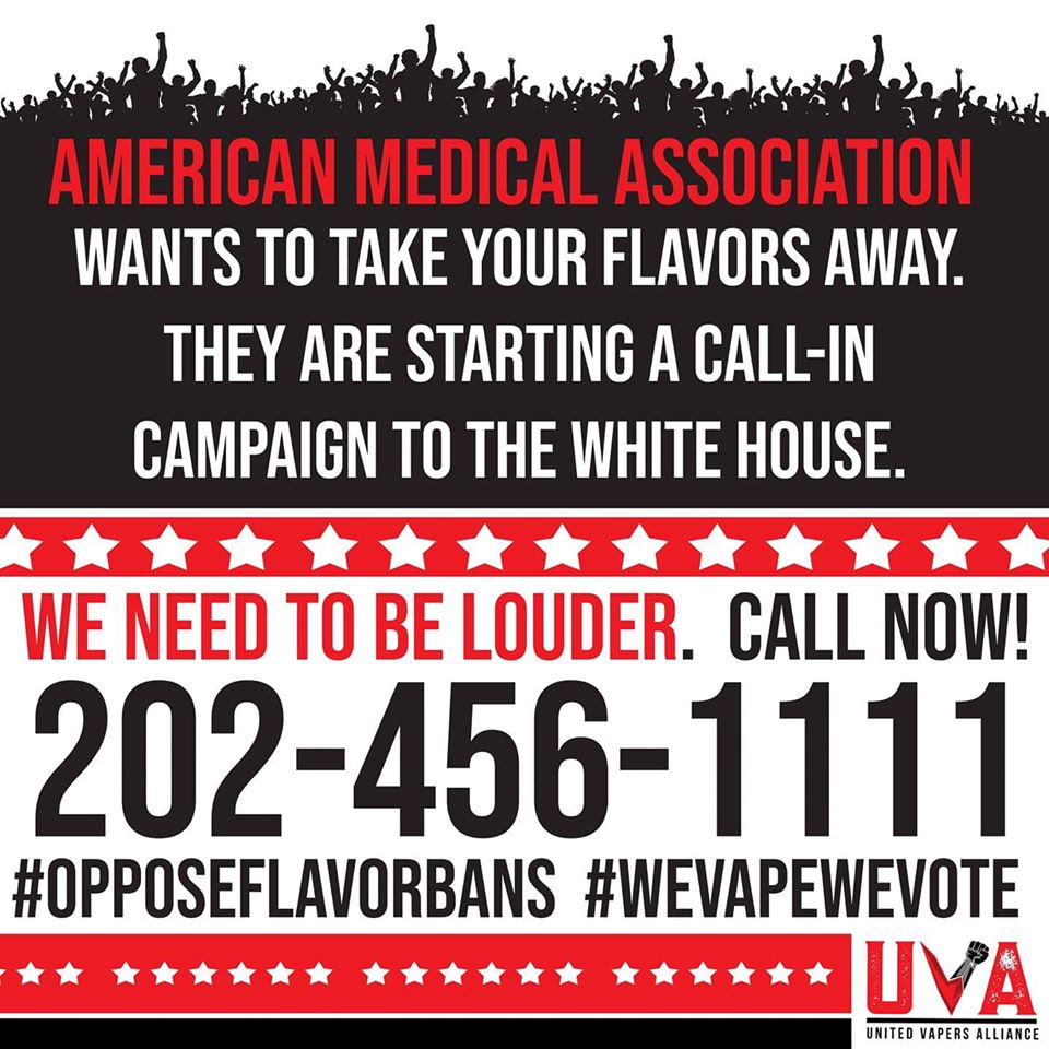 ruthlessejuice's tweet photo. The AMA plans to have a call-in campaign tomorrow to take away flavors for adults! 

"3 months ago tomorrow, the Administration announced it planned to ban from the market flavored e-cigs favored by children. Tomorrow, join us and others in flooding the White House comment line." https://t.co/odrmQ8OJid