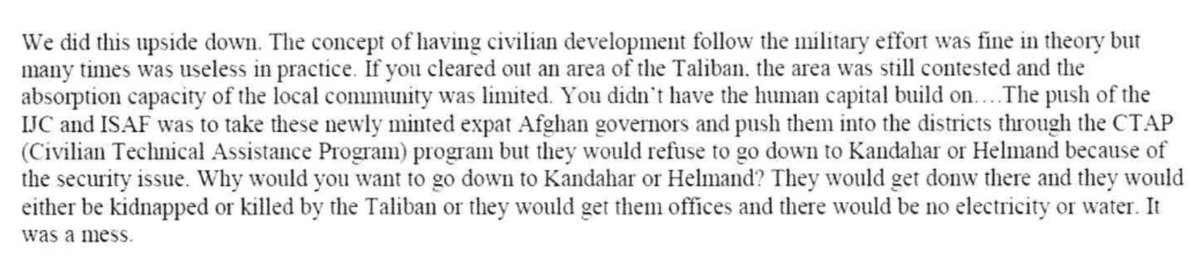 NATO official says Afghan officials were encouraged to go south, where they would have offices without electricity or water and be kidnapped or killed by the Taliban. They understandably did not want to go. 87/n  https://www.washingtonpost.com/graphics/2019/investigations/afghanistan-papers/documents-database/?document=background_ll_01_xx_brussels_02242015