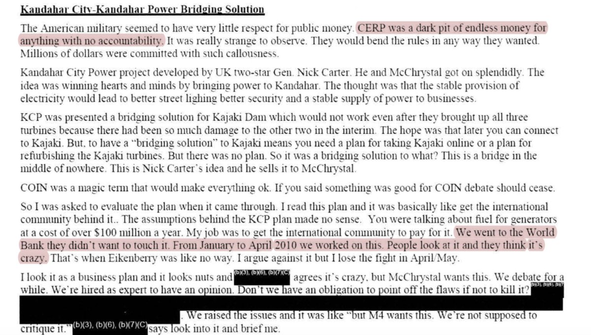 "COIN was a magic term that would make everything ok." World Bank wouldn't go near Kandahar power project because the assumptions made no sense, top generals wanted it anyway. 88/n