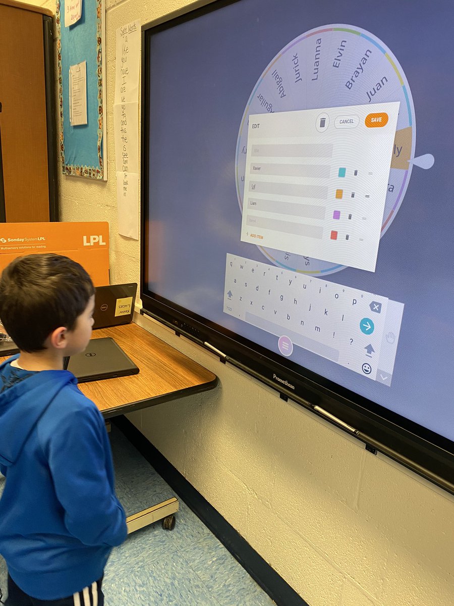 ITF_Molfese's tweet photo. The excitement of creating a spinner on the promethean board with students’ names! K leaders loved it! @GLAcademyES #glaleaders @jenniferacronk #necsditfs https://t.co/uRcqirAu0b