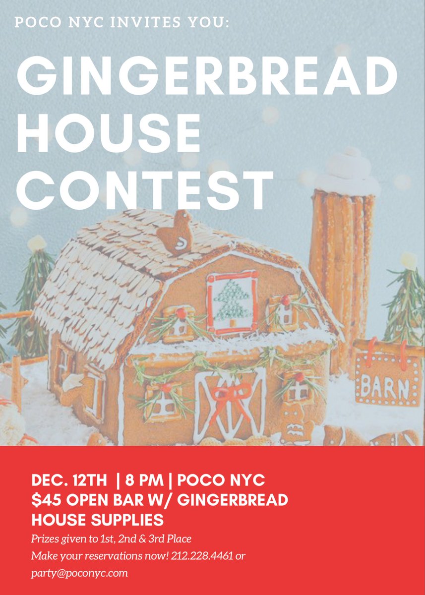 Join us at 8:00pm on Thursday for our Gingerbread House decorating contest!  $45 includes a 2-hour open bar and gingerbread decorating supplies.